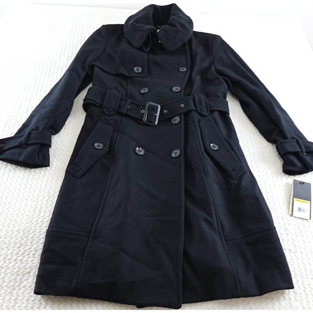 LONDON FOG HERITAGE TRENCH COAT SIZE 14 BLACK WOOL BELTED DOUBLE BREASTED